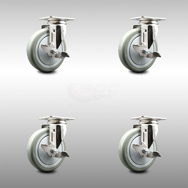 5 Inch 316SS Gray Polyurethane Wheel Swivel Top Plate Caster Set with Brake SCC